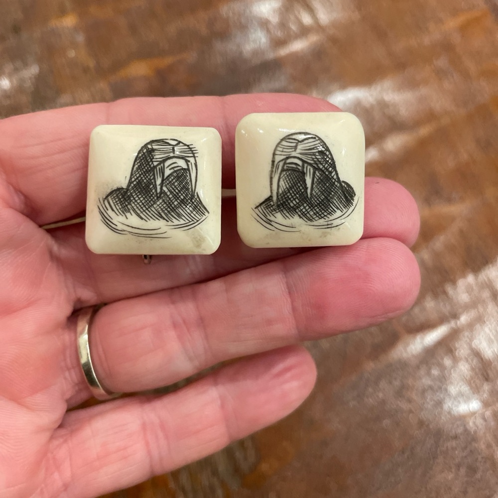 Vintage Square Scrimshaw Earrings (1970’s)